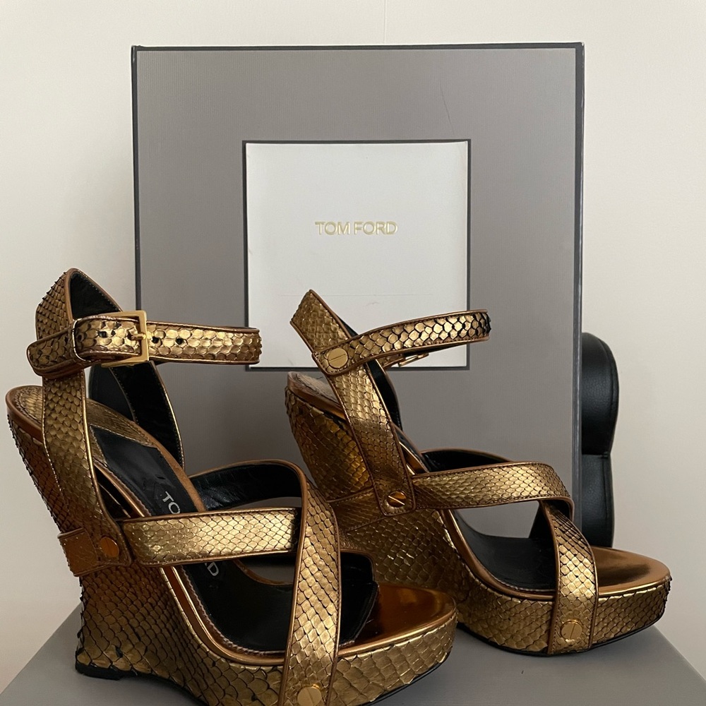 Tom Ford Metallic Wedge Sandals Size 37.